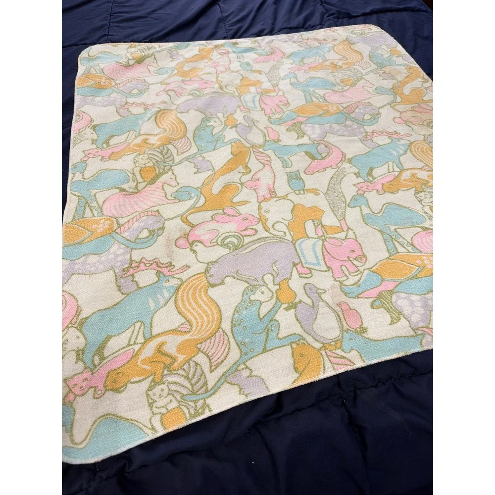 Vintage MCM Baby Receiving Blanket Unisex OS Pastel Animal Print Knit  30